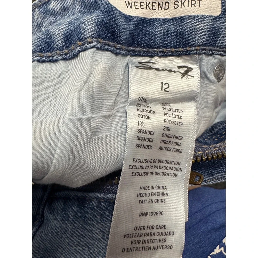 Seven7 Womens Blue Denim Mini Skirt Rhinestone Distressed Raw Hem Size 12 - Picture 9 of 9